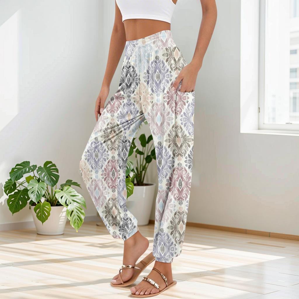 Women's Pocket Drawstring Trousers High Waist Yoga Bohemian Printed Casual Pants