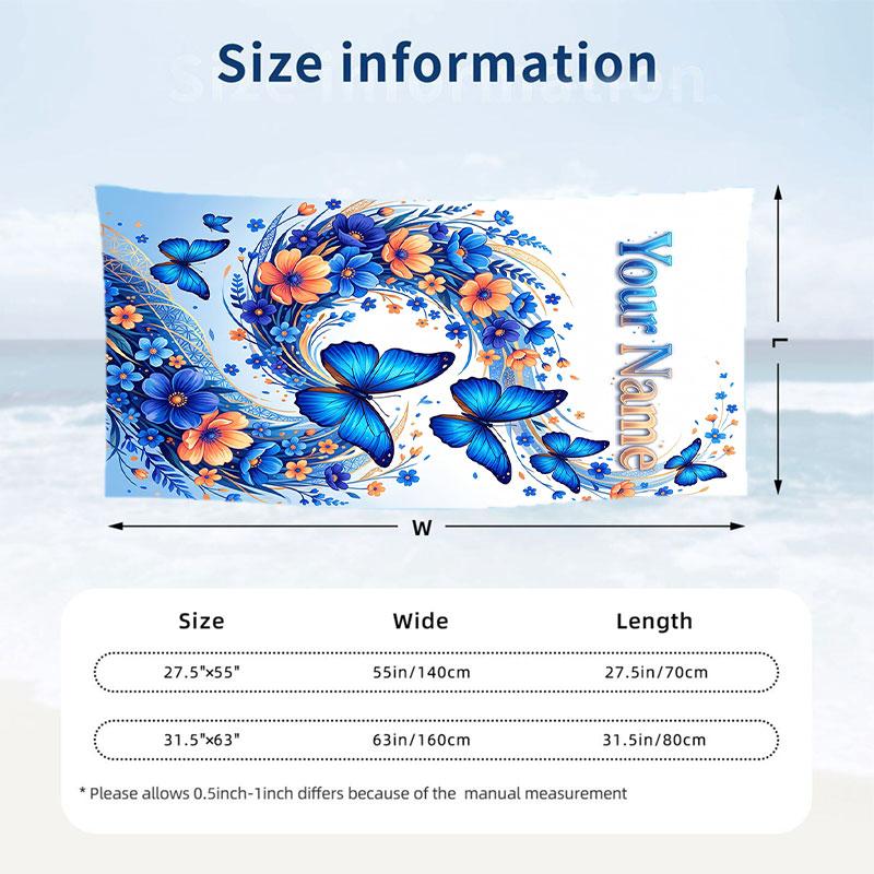 Butterfly Theme Beach Towel Personalized Custom Name & Text Soft Quick Dry Beach Towel for Swimming Travel