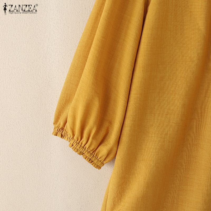 ZANZEA Women Casual Round Neck Loose 3/4 Sleeve Plain Blouse
