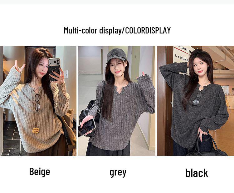 Solid Color Textured Long-Sleeve Women's Base Layer Shirt - Korean Style, Loose Fit for Spring/Autumn