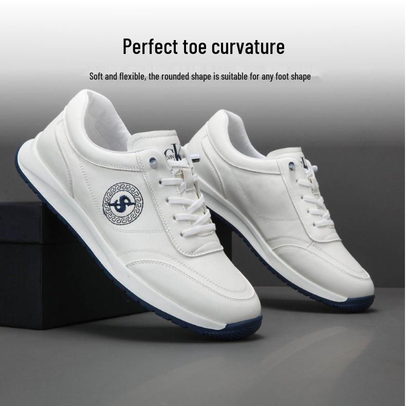 European Men's Genuine Cowhide Leather Casual White Sneakers - Breathable, Non-slip, Outdoor Fitness Shoes