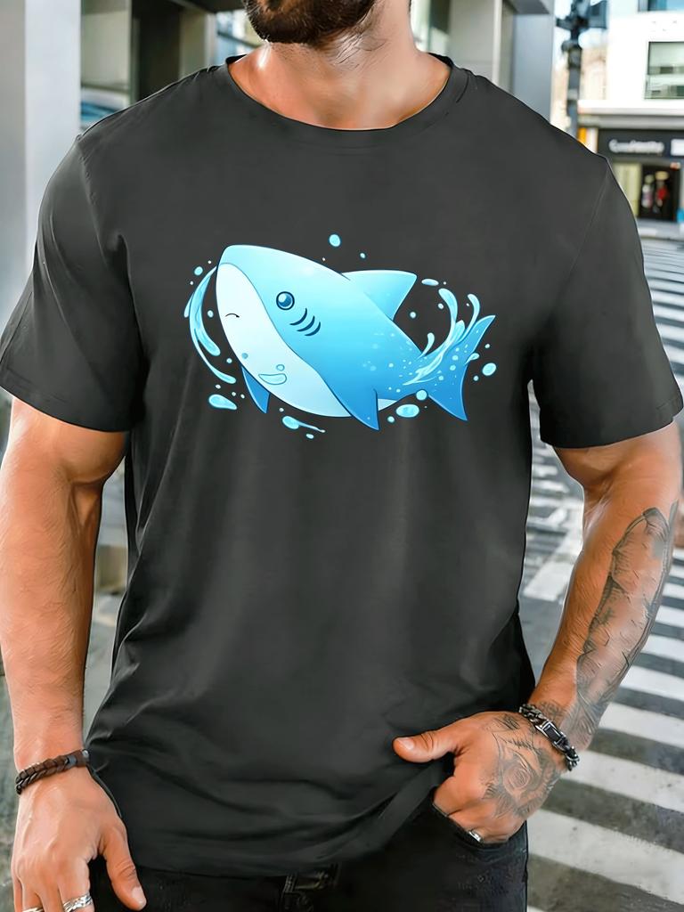 Cute Blue Shark With Water Splash Unisexs Front Print T Shirt Sea Animal Graphic Tee Casual Short Sleeve Top Ocean Lover Gift