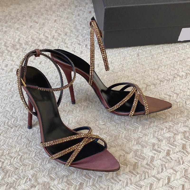 

Fashion All-Matching New Pointy Open Toe Around Diamond Stiletto High Heels Female One-Line Buckle Black Satin Sexy Sandals Female 34