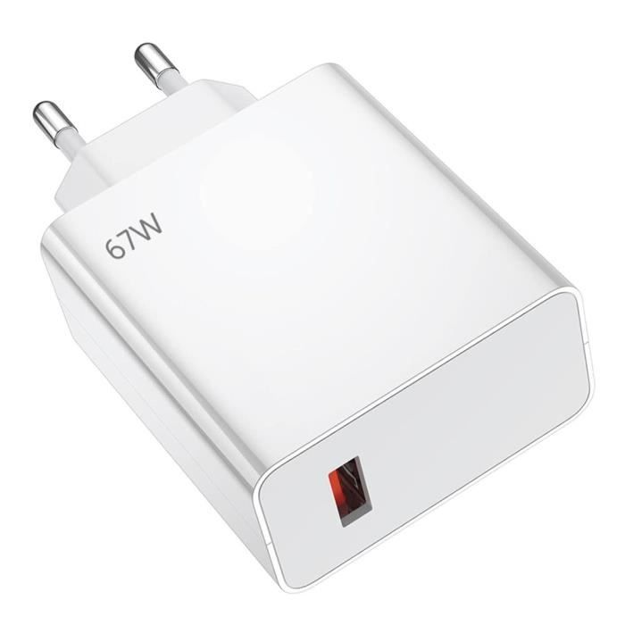 Chargeur USB Rapide 67W - Xiaomi - 14 et 14 Pro - Protection Surtensions - USB-A - Blanc