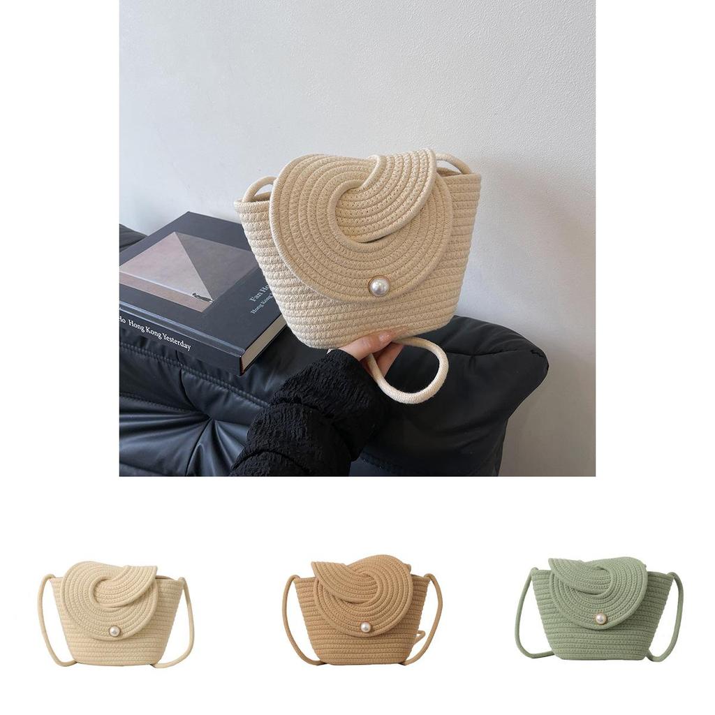 Grass Weaving Solid Color Crossbody Bag With Flap Closure For Beach Vacation Use