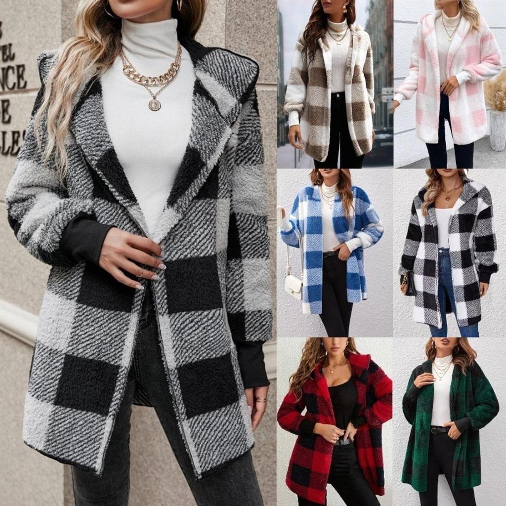 Damen Herbst- und Winter Kapuzen-Plaid Warmes Oberteil, Mittellange Plüsch-Cardigan-Jacke