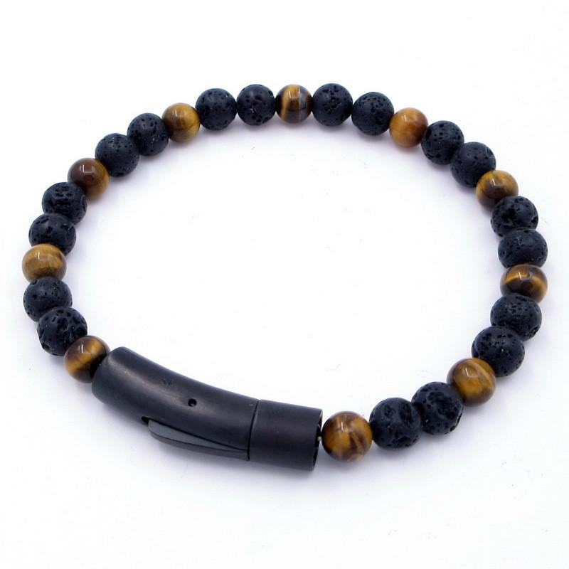 Stainless Steel Tigers Eye Beaded Bracelet Men Women Geometric Style Fashion OL Jewelry