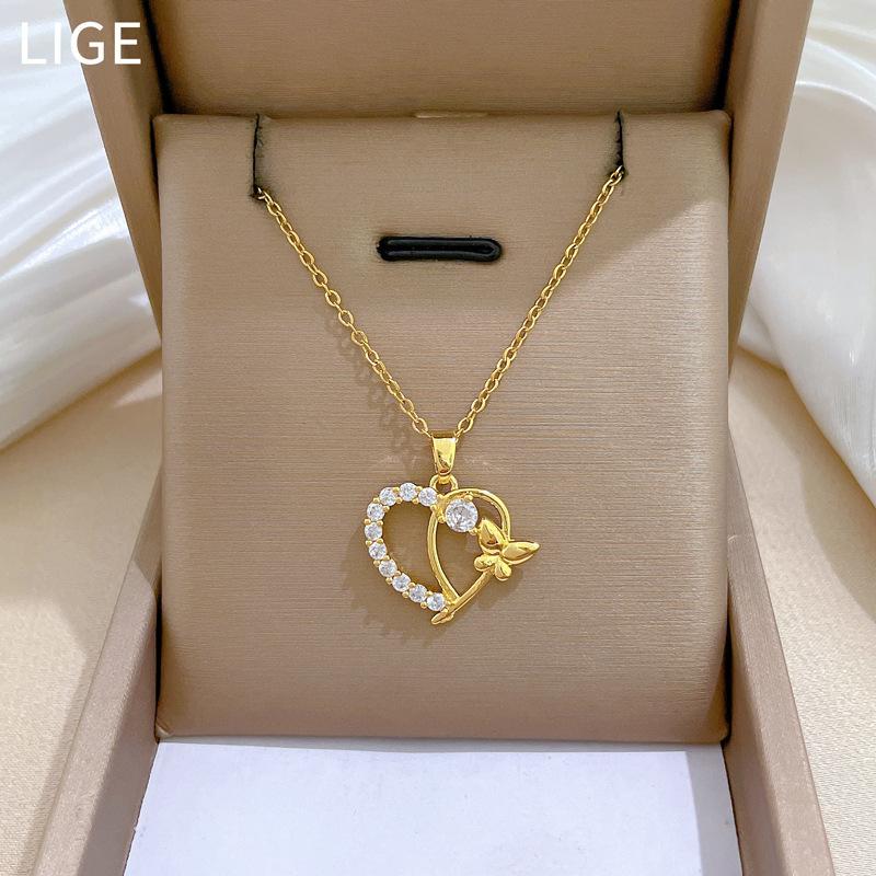 Geometric Love Butterfly Micro-Inlaid Diamond Light Luxury Cute Necklace Women'S Fashion Personality Temperament Collarbone Chain