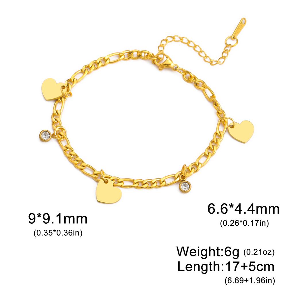 Heart Clear Zircon Charm Bracelet Stainless Steel Gold Women Figaro Chain Bracelets Jewelry Gift