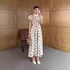 2026 European Retro Polka Dot Puff Sleeve Lace-up Slimming Dress