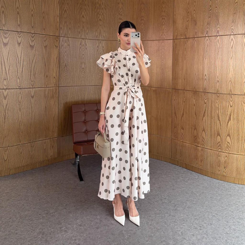 2026 European Retro Polka Dot Puff Sleeve Lace-up Slimming Dress