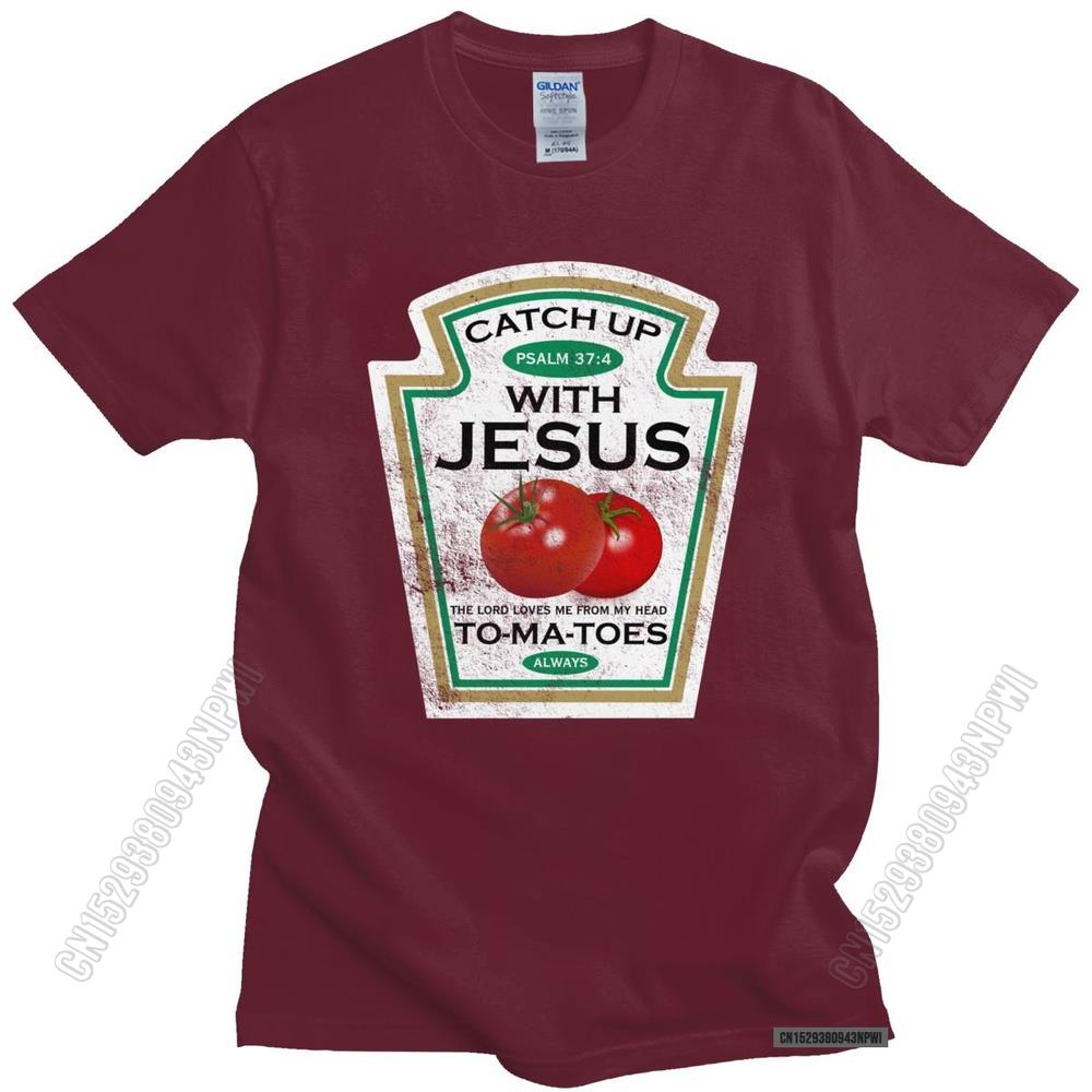 Lustiges Catch Up With Jesus T-Shirt Herren Vintage Vegan Tomaten T-Shirt Christliches Geschenk Veganismus O-Ausschnitt Baumwoll-T-Shirt Merchandise