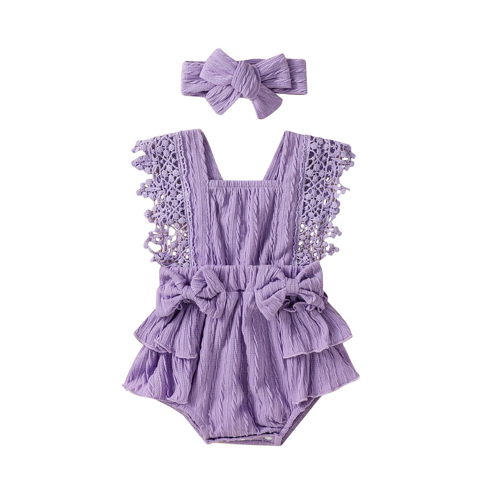 

Летний комбинезон для младенцев и девочек с кружевными рукавами, квадратным вырезом, бантом и повязкой на голову 6-12 Months фиолетовый