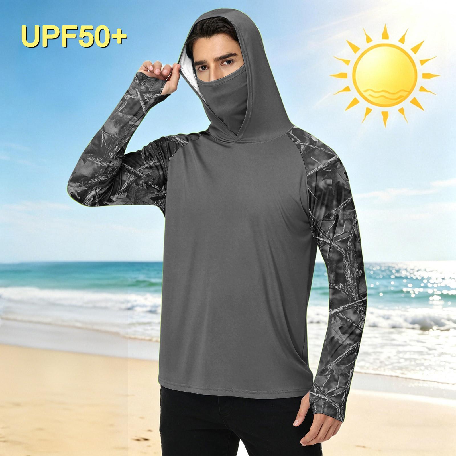 Men s Casual Outdoor Camouflage Print Long Sleeve Hooded Sun Top Lightweight Pullover Shirt L чёрный