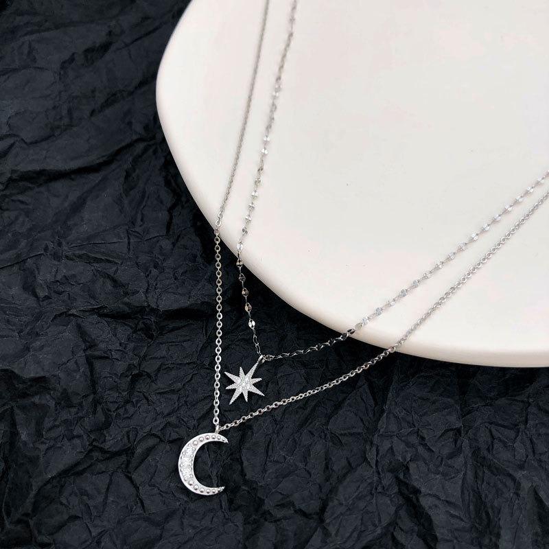 Necklace for Women Double Layer Zircon Star Moon Pendant Necklace DelicateChain Charm Elegant  Jewelry Gifts