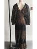 Sizzling European & American Chiffon V-Neck Sequin Evening Gown with Slit & Waist-Cinching Long Sleeves