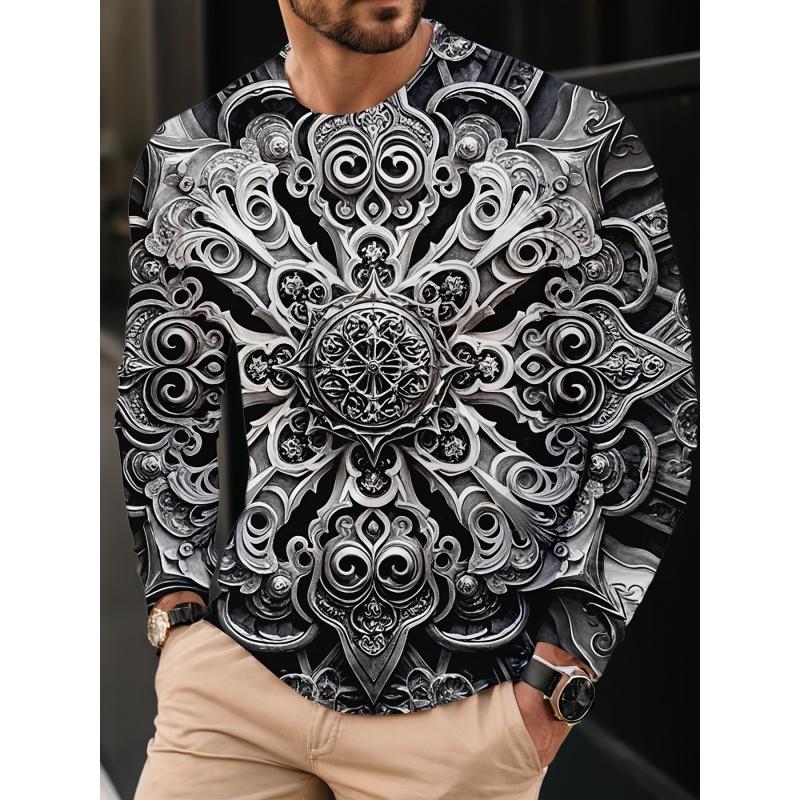 3D Print Colorful Exquisite T Shirt For Men Luxurious Pattern Tees Autumn Fashion Casual Loose O-Neck Tops Long Sleeves T-Shirts