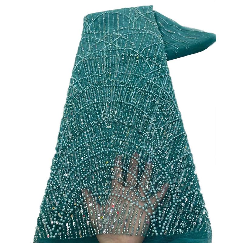 1 Yards African Luxury Beaded Tulle Lace Fabric Nigerian Handmade Heavy Sequin Lace Fabric For Diy Wedding Party Dresses