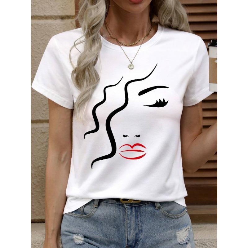 Summer Round Neck 3D Facial Depiction Pattern Print Top Fashionable Casual Short Sleeved Women's T-shirts