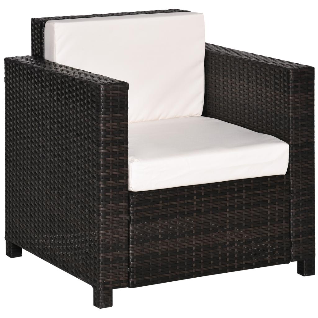 Single Seater Rattan Chair, PE Wicker Garden Armchair with 10 cm Thickened Cushion, All-Weather Rattan Garden Chair with Armrests, Brown