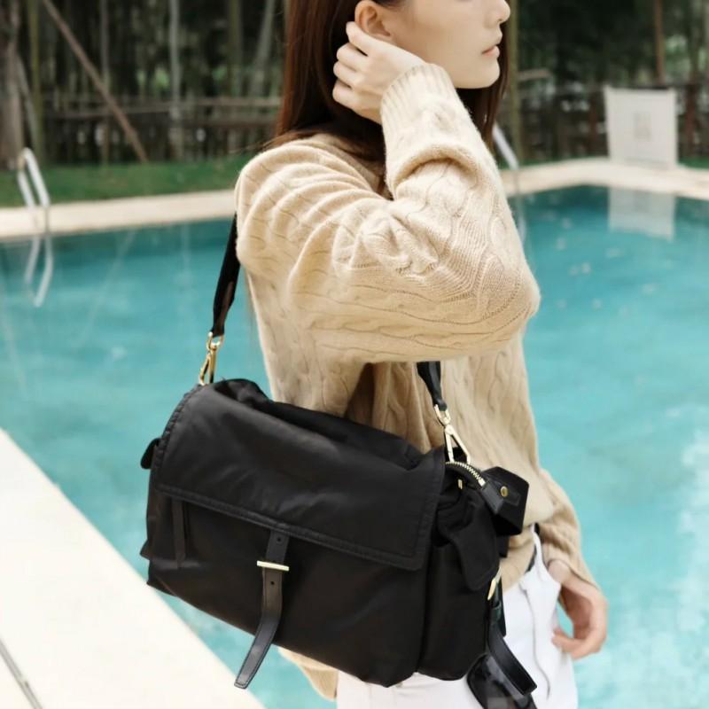 Unisex Messenger Bag Genuine Leather Nylon Crossbody Handbag Daily Commute