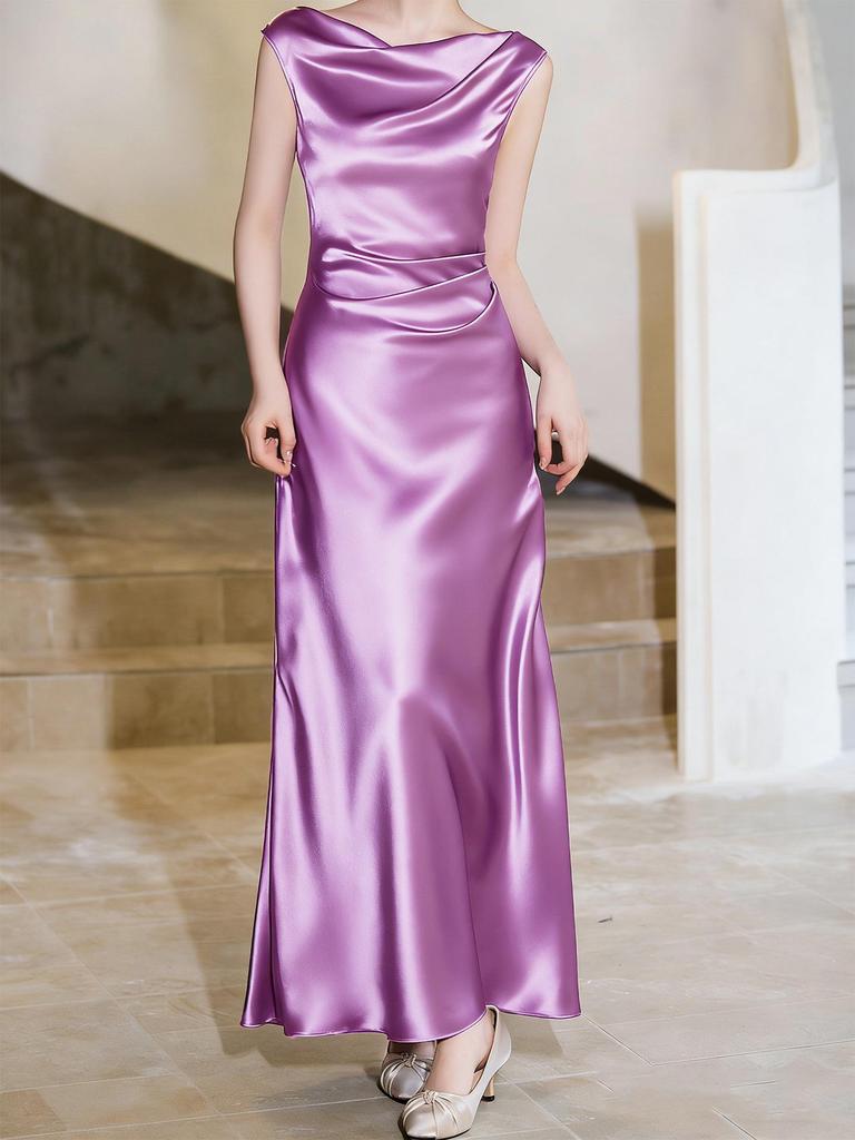 Haute Couture French Satin Draped Neck Resort Wedding Evening Gown for Women