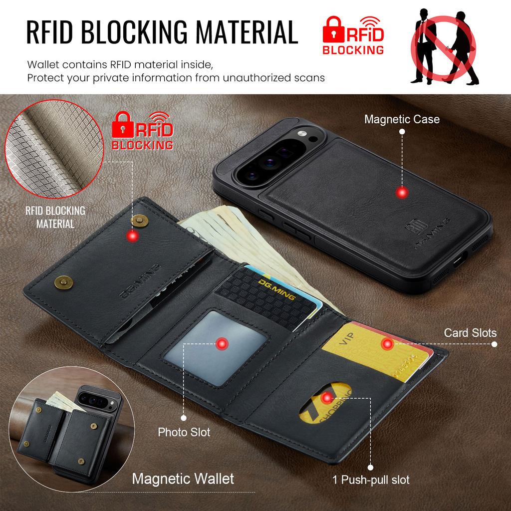 DG.MING M6 Series For Google Pixel 10 Pro XL Case Magnetic Wallet PU + PC + TPU Phone Cover