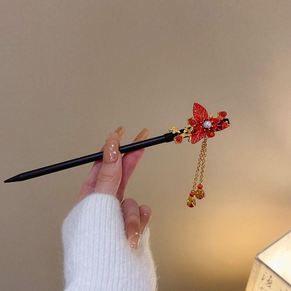 Vintage Red Rose Fringe Hairpin Fashion Chinese Hairpin Headwear Retro Red Hair Stick  Disk Hair