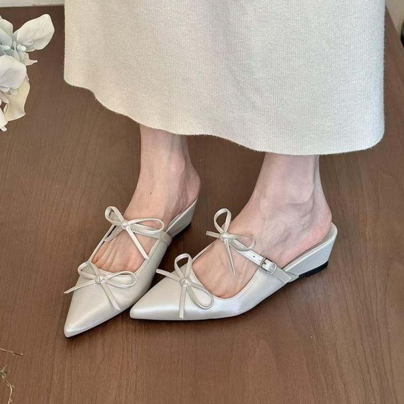 

French bow toe half slippers for women, one foot high heels, cool slippers, fairy style bow sandals for women 35