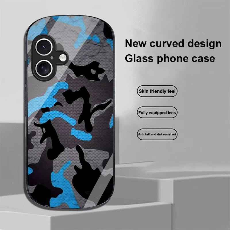 Camouflage Blue For Apple IPhone 16 11 13 15 14 Pro Max 12 Mini 7 8 Plus XR X XS Elliptical Shaped Tempered Glass Phone Case