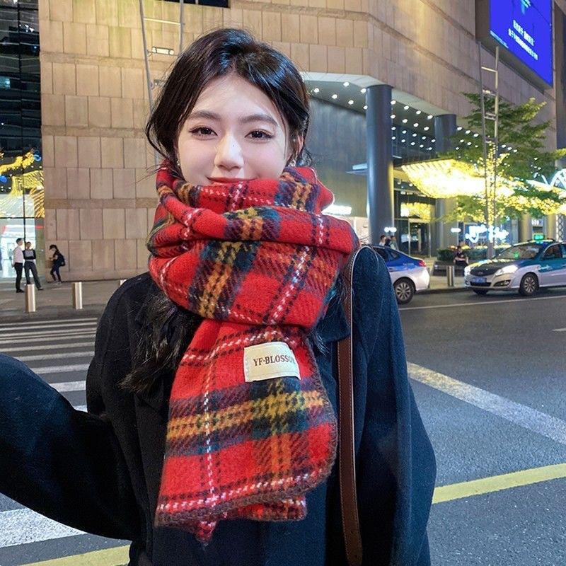 New Red Plaid Retro Lock Imitation Cashmere High End Couple Versatile Autumn and Winter Student Scarf Scarf Female Shawl