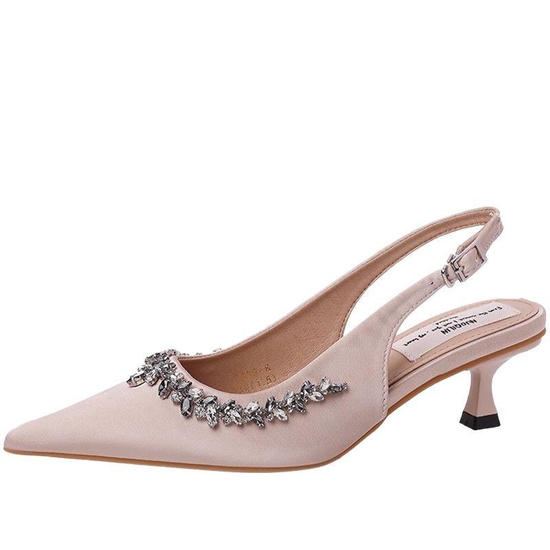 French baotou rhinestone sandals spring and summer new fashion fairy style with skirt apricot pointed single shoes high heels