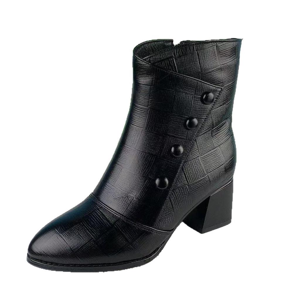 Soft Leather Soft Sole Thick Heel High Heel Fashion Boots Women's 2025 New Women's Boots Fleece Boots Side Zipper Medium Boots Women's Tide