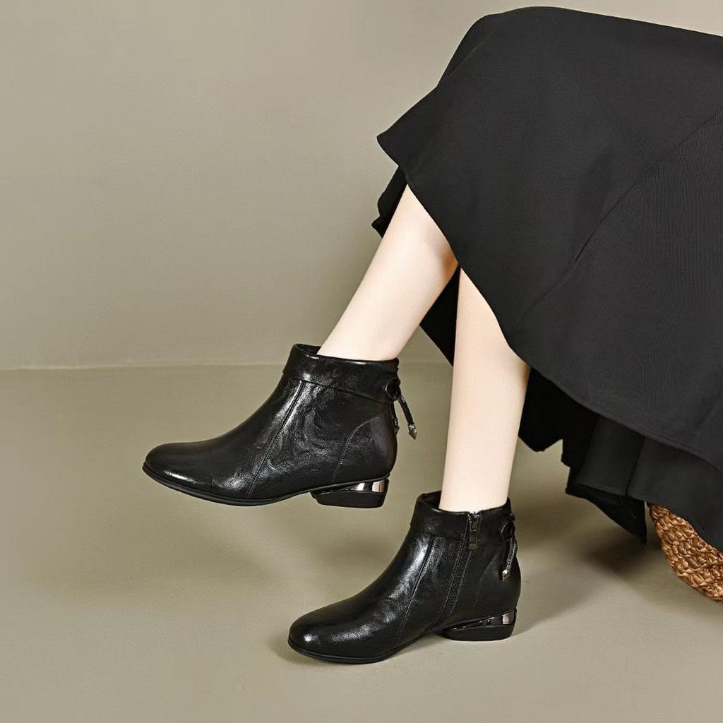 Short boots women's autumn and winter new round head bow low heel flat cotton boots casual women's boots cotton boots leather boots