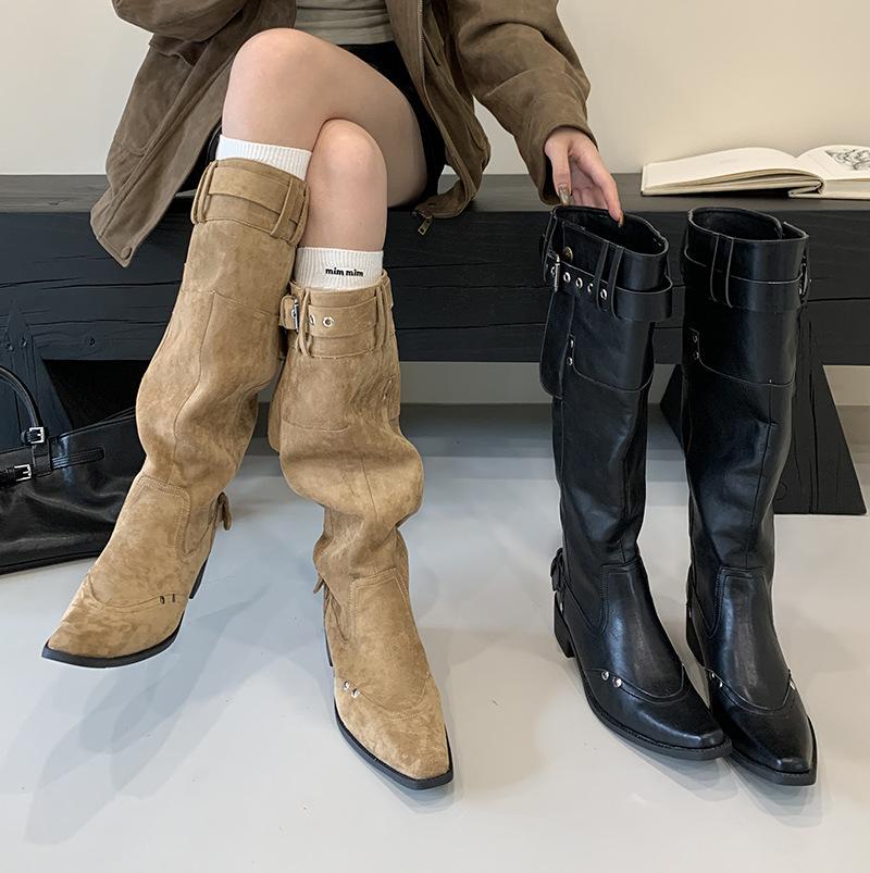 2025 new big tube around long boots for women but knee thick heel thin pointed autumn and winter retro style