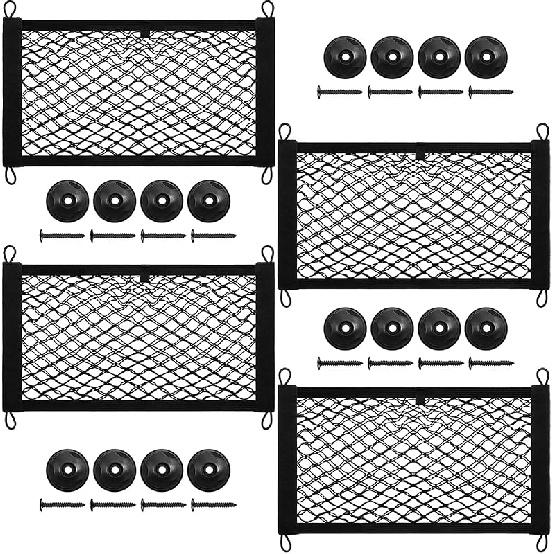 [4 Pack] Cargo Storage Net, 13.8X9.8'' DEDC Cargo Net Pocket, Universal Accessories Elastic Automotive Small Cargo Net Storage Mesh Pocket With 16