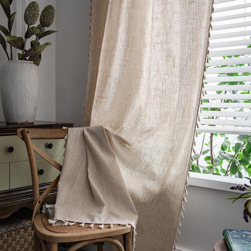 

American Style Simple Solid Color Imitation Bamboo Knot Hemp Beige Tassel Bedroom Living Room Shading Insulation Window Curtain W135 x H46cm&Threading Rod