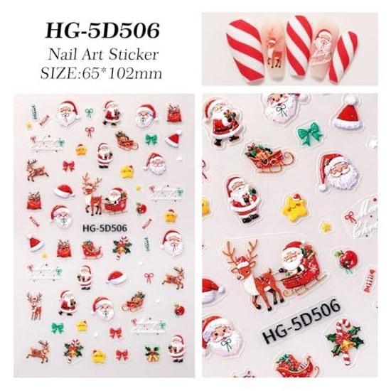 Christmas Nail Stickers 3D Design White Set 6 Elderly Elk Bear Bow Tie Gift Flower Decoration Compatible Gel Nails
