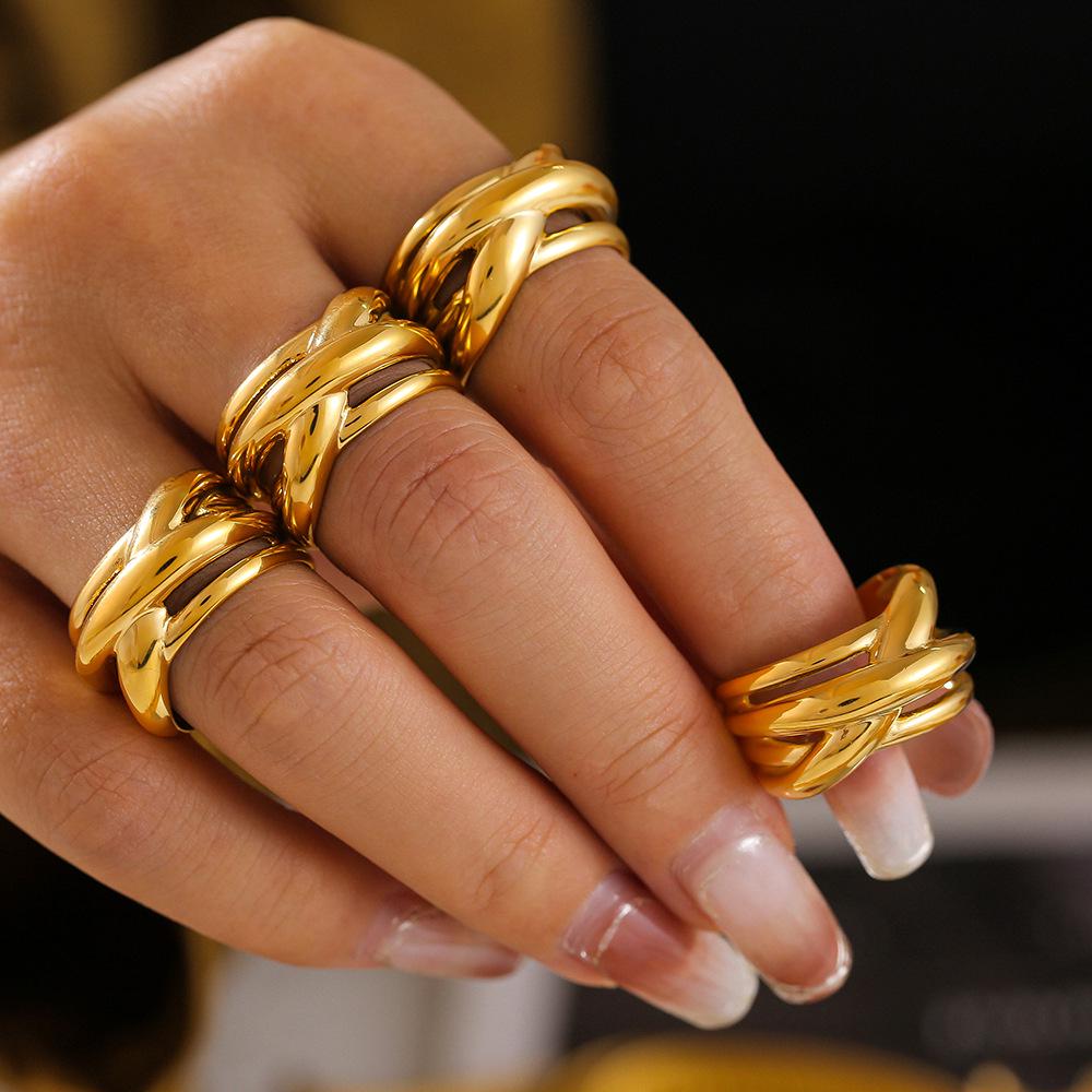 

18k Gold Plated Geometric Multi-layer Titanium Steel Hollow Ring Size 7