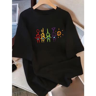 Women Oversized White Geometric Stick Figure Starburst Print T-Shirt Round Neck Short Sleeve All-Season Casual Comfort Tee