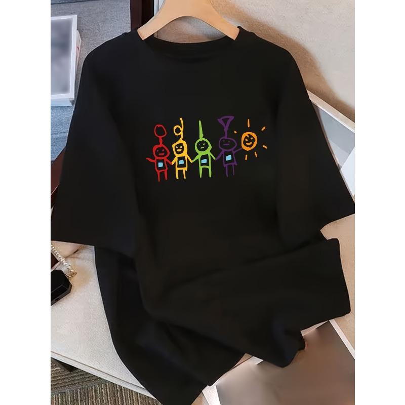 

Women Oversized White Geometric Stick Figure Starburst Print T-Shirt Round Neck Short Sleeve All-Season Casual Comfort Tee 4XL чорний