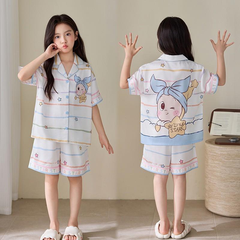 2026 Girls Ice Silk Pajamas Short Sleeve Cartoon Print Lightweight Sleepwear Ages 8