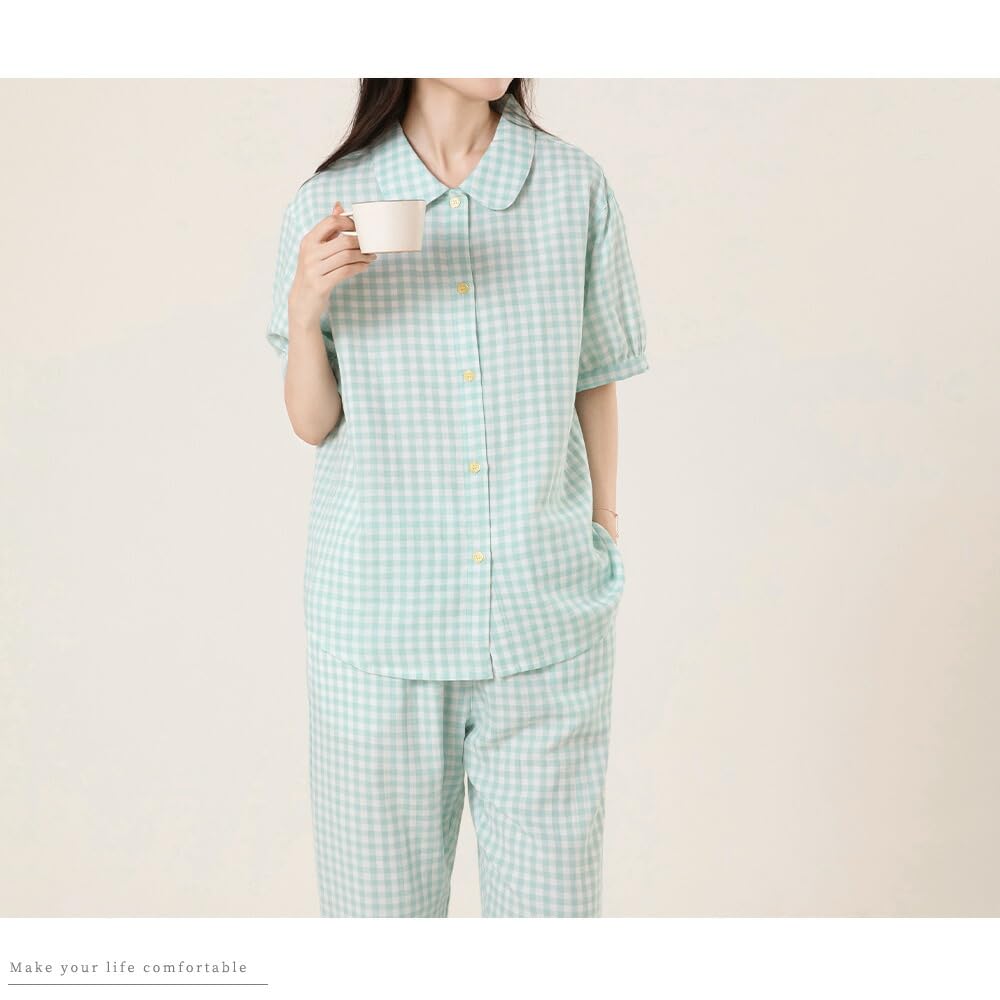Yes Family Double Gauze Pajama Short Check Size Green Check Women's Set, 100% Cotton, Sleeves, Pattern, L,