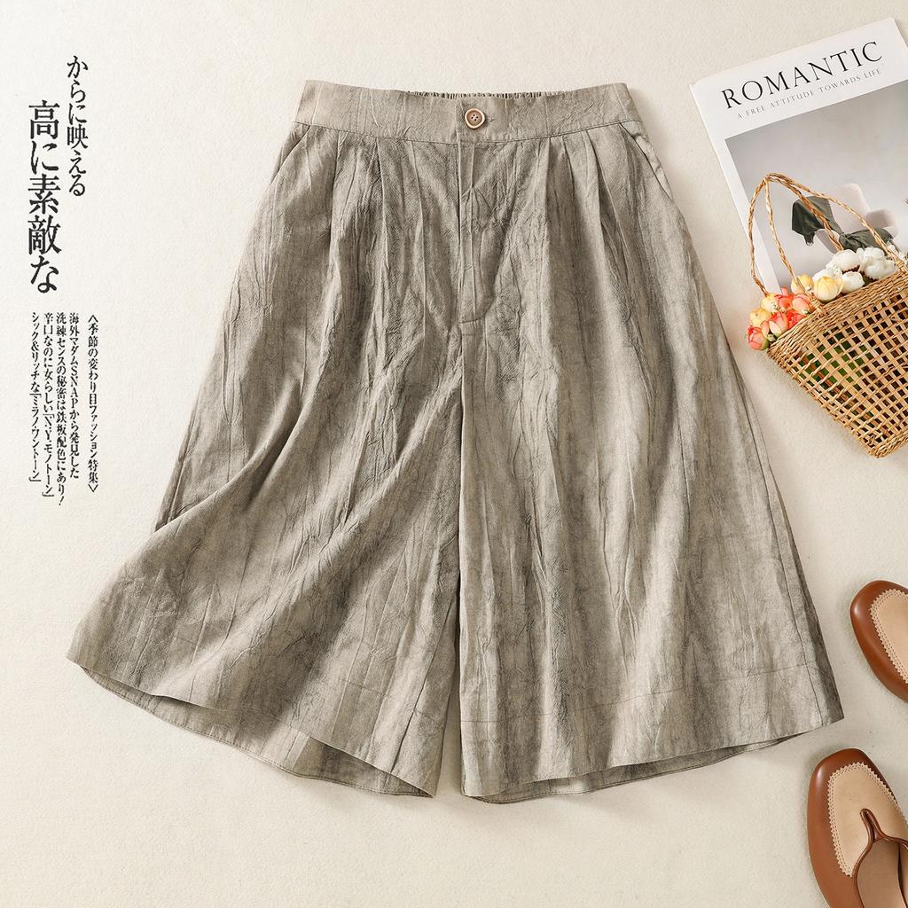 2025 Summer New High-waisted Thin Cotton and Linen Shorts Women's Thin Retro Versatile Loose Tie-dye Wide-leg Five-point Pants
