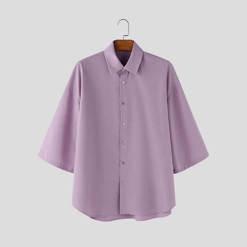 INCERUN Oversized Men Lapel Neck Half Sleeve Solid Buttons Casual Shirts Tops