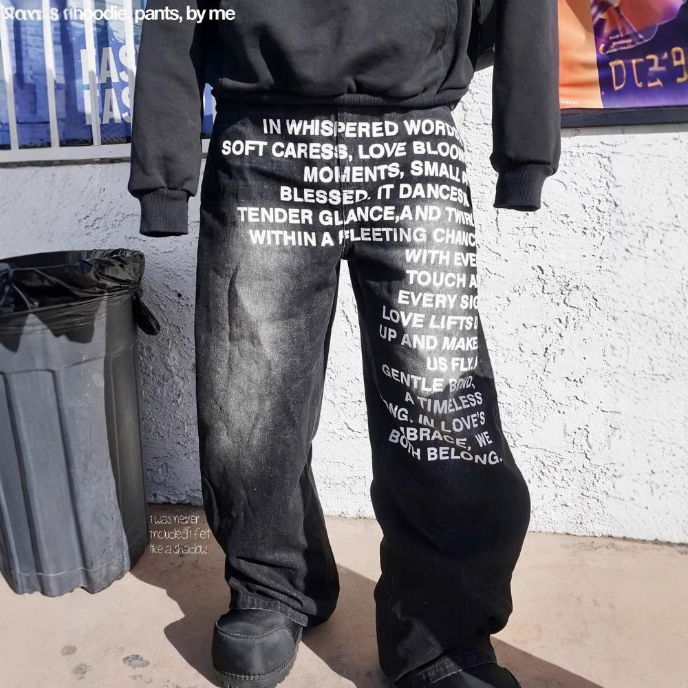 Unisex Vintage Potisk Písmen Dámské Pánské Džíny Y2k Harajuku Prané Široké Nohavice Americký Styl Džínové Kalhoty Volné Hip Hop Streetwear