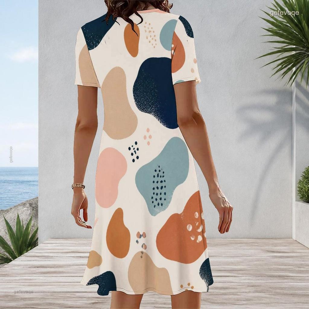Women Plus Size Round Neck Short Sleeve Printed A Line Midi Dress