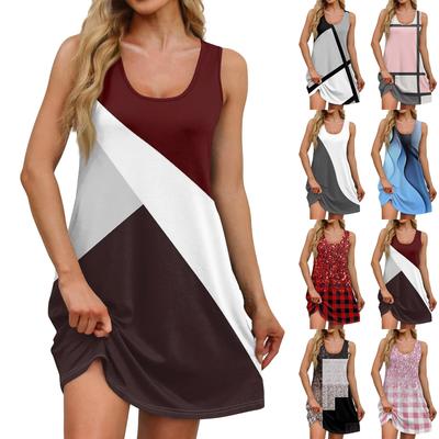 Damen Sommer Freizeit Quadratischer Ausschnitt Patchwork Bedrucktes Kleid Ärmelloses Kleid mit Taschen