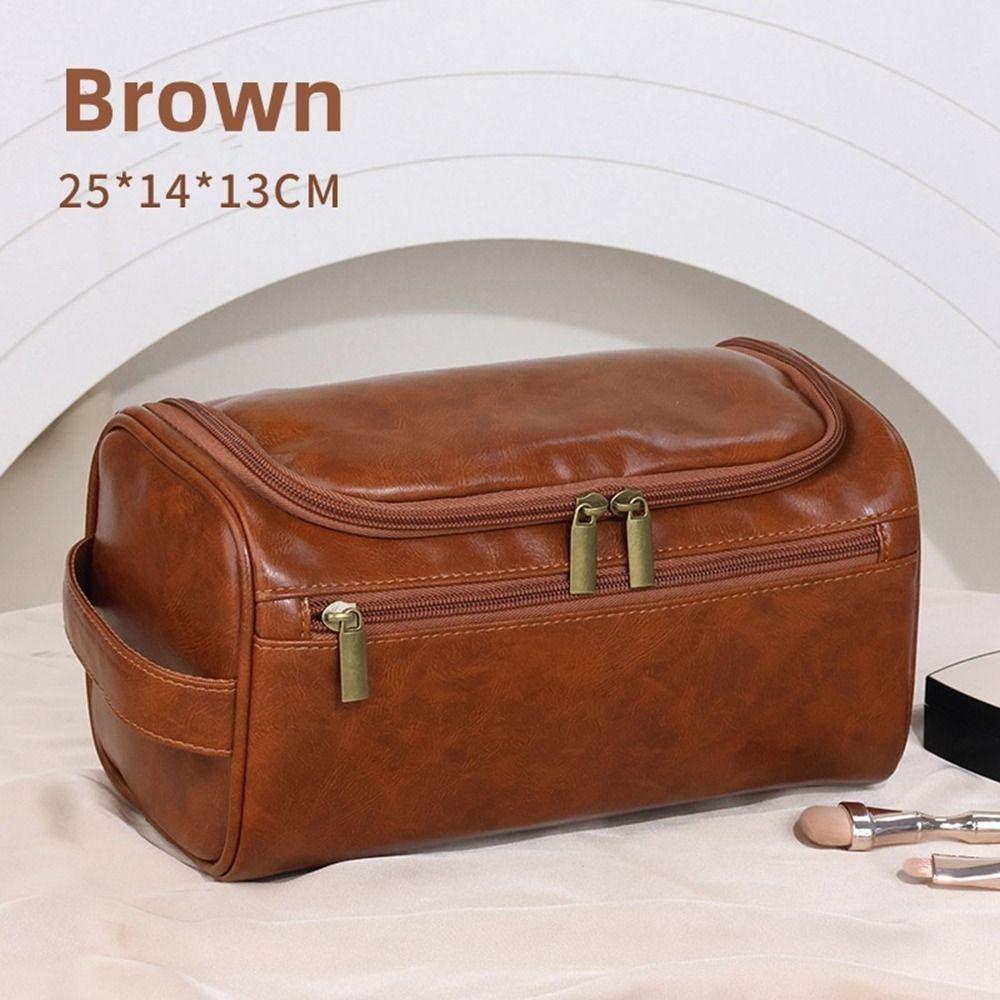 With Handle Men Toiletry Bag PU Leather Makeup Pouch Cosmetic Storage Bag  Bathroom