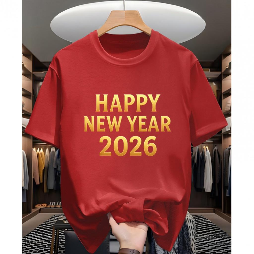 Happy New Year 2026 Graphic Tee Mens Casual Cotton Short Sleeve TShirt Round Neck Breathable Holiday Print Tee